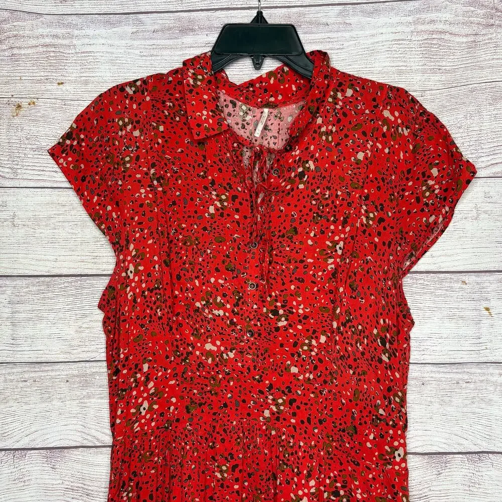 Free People 40's Print Midi Button Up Cap Sleeve Red Lined Shirt Dress Size 12